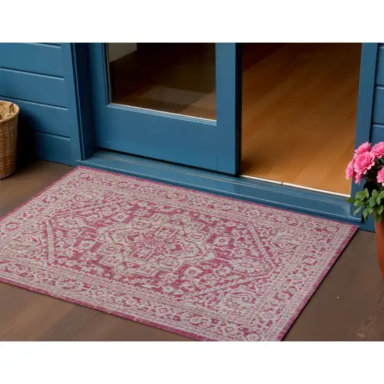 Fuchsia And Light Gray Medallion Indoor Outdoor Area Rug Photo 1