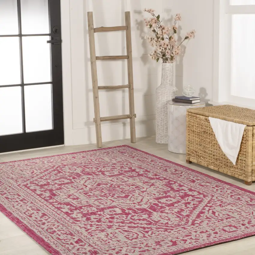 Fuchsia And Light Gray Medallion Indoor Outdoor Area Rug Photo 8