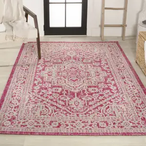 Photo of Fuchsia And Light Gray Medallion Indoor Outdoor Area Rug