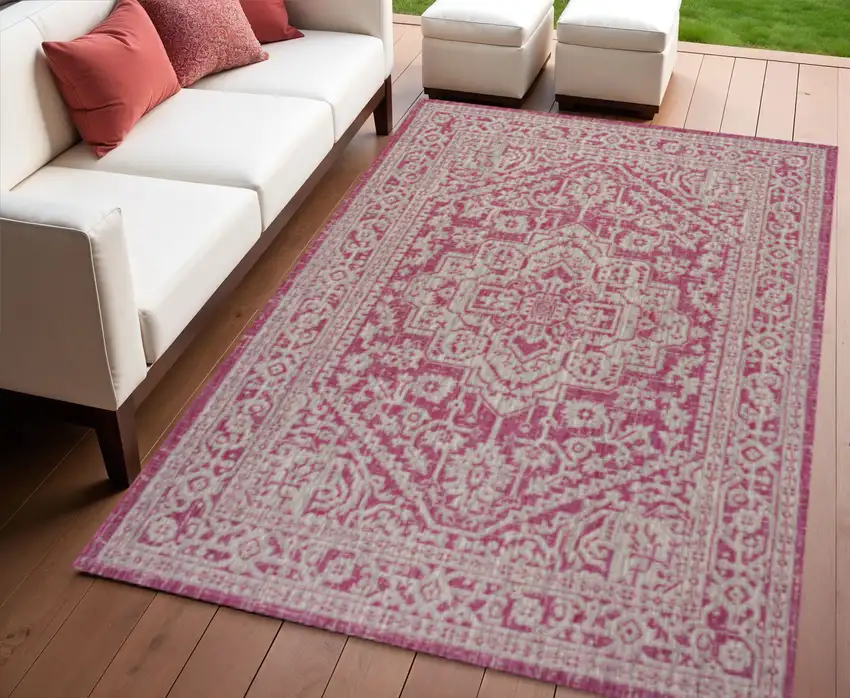 Fuchsia And Light Gray Medallion Indoor Outdoor Area Rug Photo 1