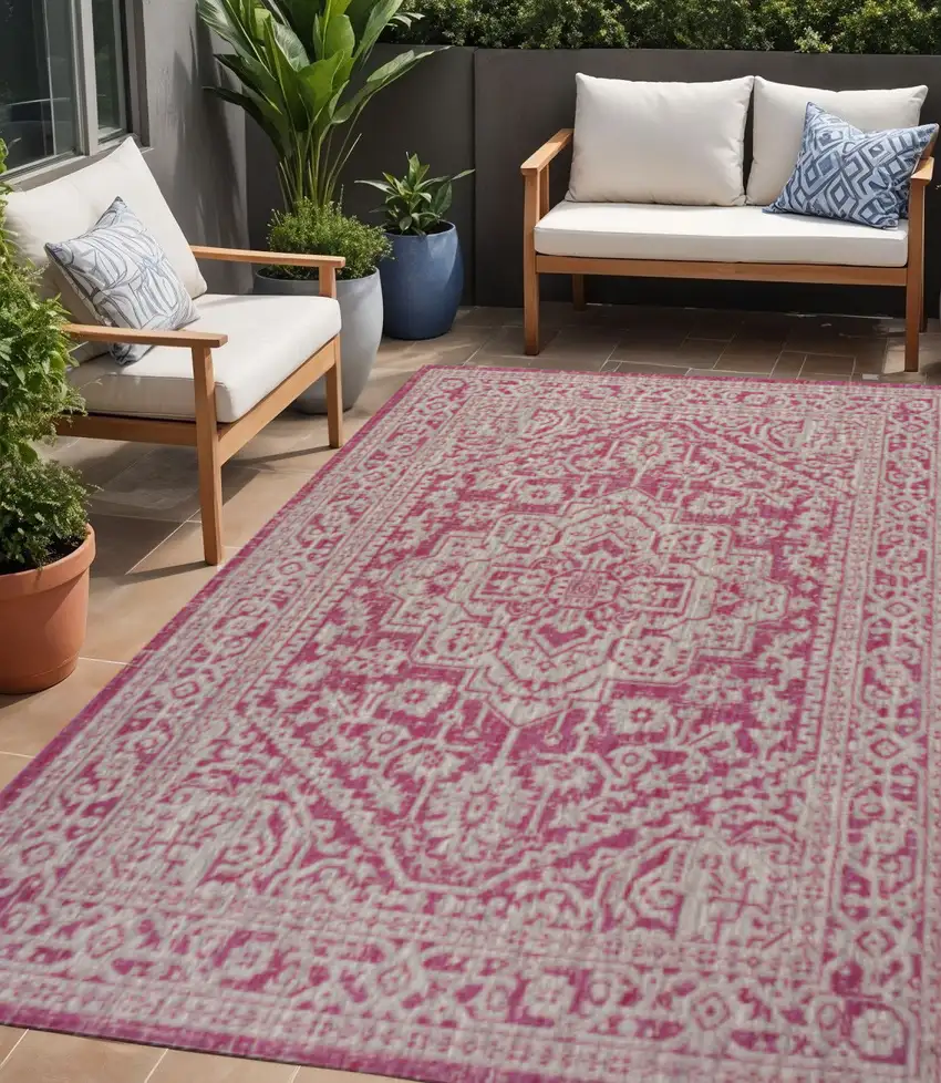 Fuchsia And Light Gray Medallion Indoor Outdoor Area Rug Photo 1