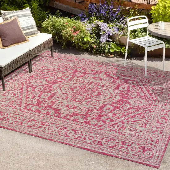 Fuchsia And Light Gray Medallion Indoor Outdoor Area Rug Photo 9