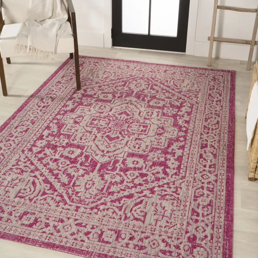Fuchsia And Light Gray Medallion Indoor Outdoor Area Rug Photo 5