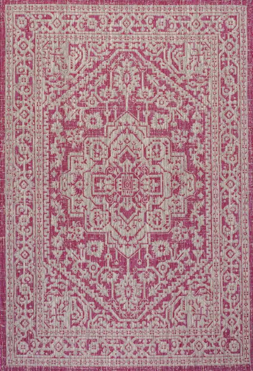 Fuchsia And Light Gray Medallion Indoor Outdoor Area Rug Photo 1