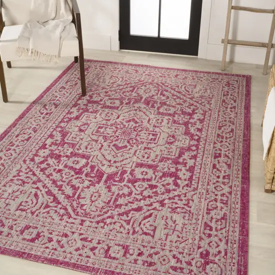 Fuchsia And Light Gray Medallion Indoor Outdoor Area Rug Photo 5