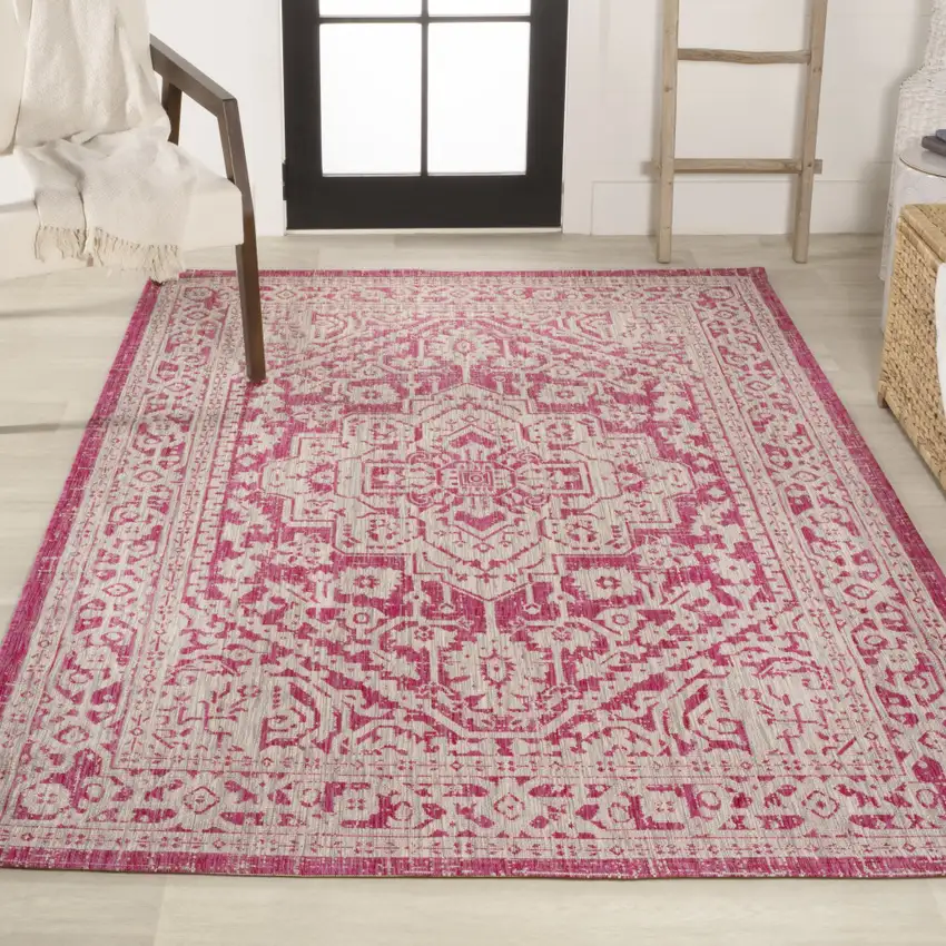 Fuchsia And Light Gray Medallion Indoor Outdoor Area Rug Photo 7