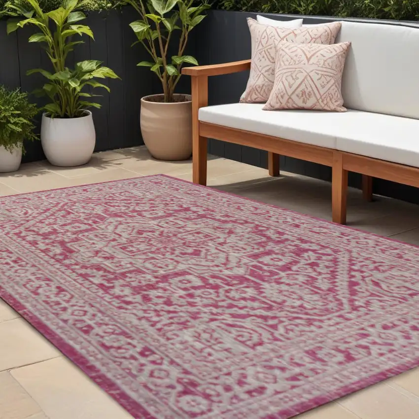Fuchsia And Light Gray Medallion Indoor Outdoor Area Rug Photo 1