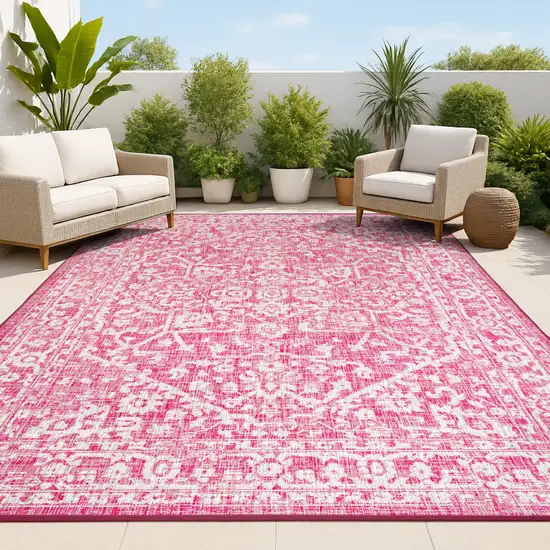 Fuchsia And Light Gray Medallion Indoor Outdoor Area Rug Photo 4