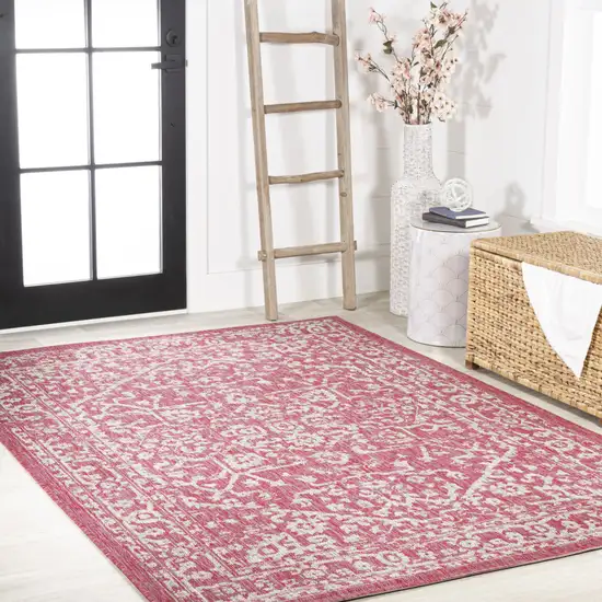 Fuchsia And Light Gray Medallion Indoor Outdoor Area Rug Photo 8