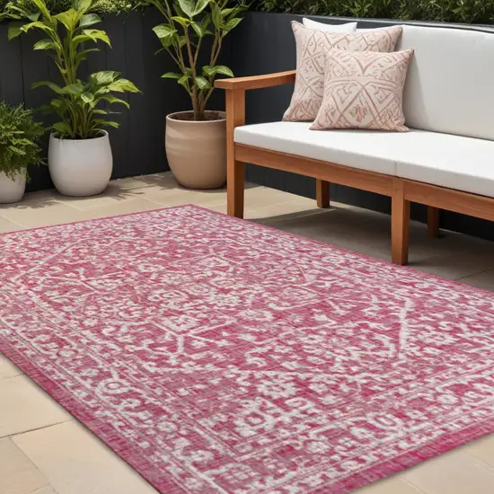 Fuchsia And Light Gray Medallion Indoor Outdoor Area Rug Photo 1
