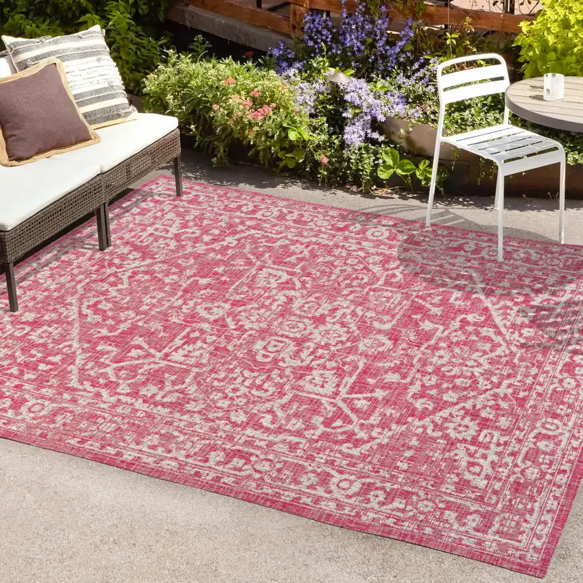 Fuchsia And Light Gray Medallion Indoor Outdoor Area Rug Photo 9