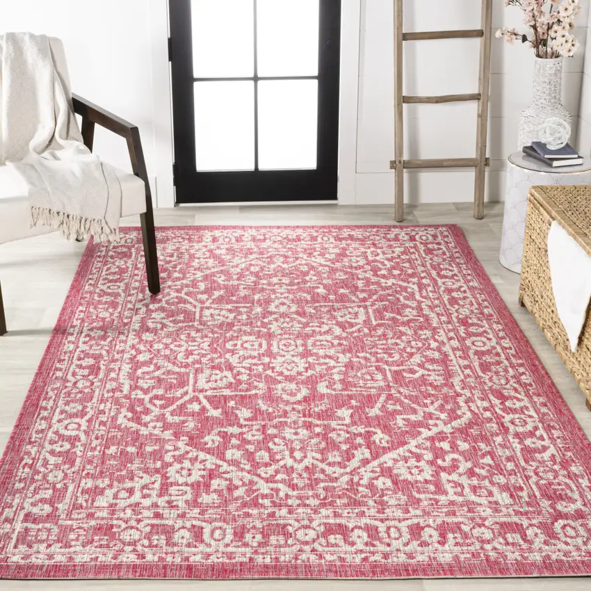 Fuchsia And Light Gray Medallion Indoor Outdoor Area Rug Photo 7