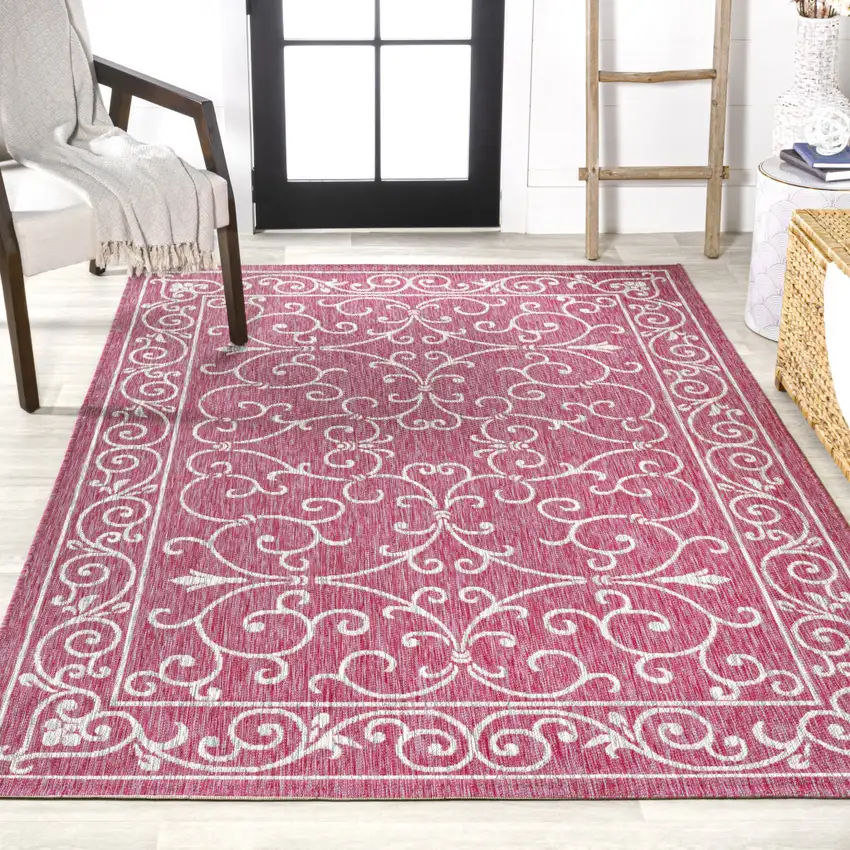Fuchsia And Light Gray Medallion Indoor Outdoor Area Rug Photo 7