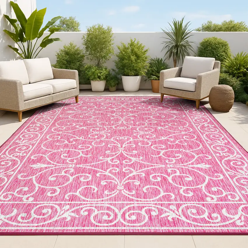 Fuchsia And Light Gray Medallion Indoor Outdoor Area Rug Photo 4