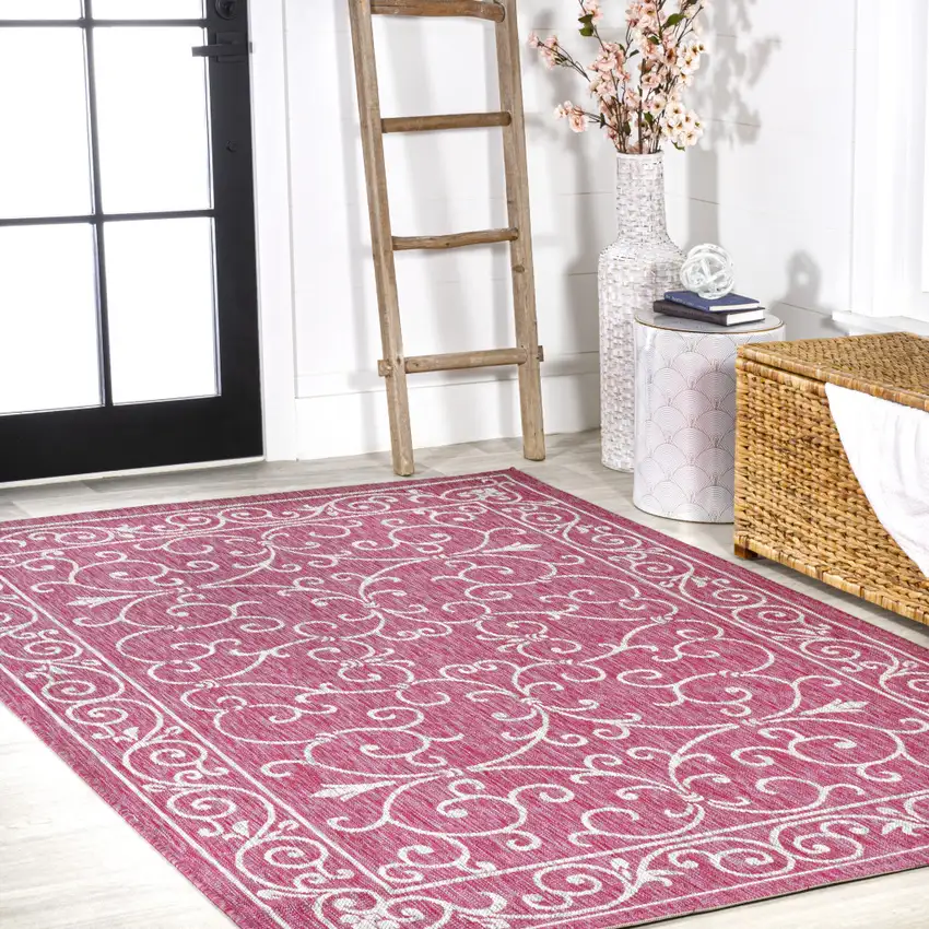 Fuchsia And Light Gray Medallion Indoor Outdoor Area Rug Photo 8