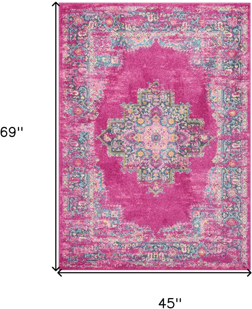 Fuchsia And Blue Oriental Distressed Area Rug Photo 9