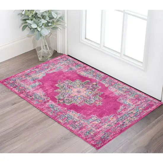 Fuchsia And Blue Oriental Distressed Area Rug Photo 1