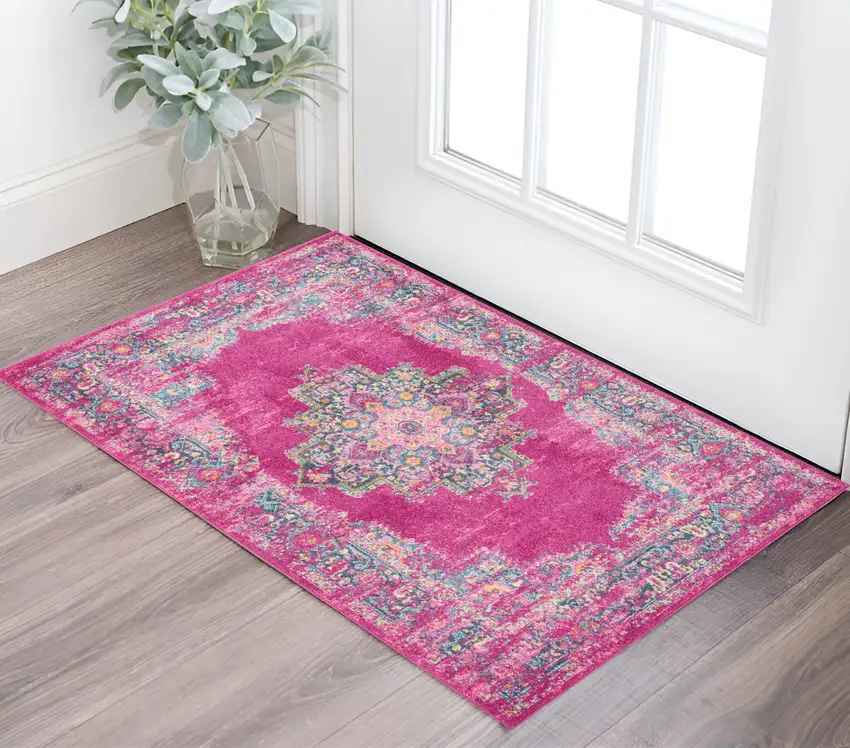 Fuchsia And Blue Oriental Distressed Area Rug Photo 1