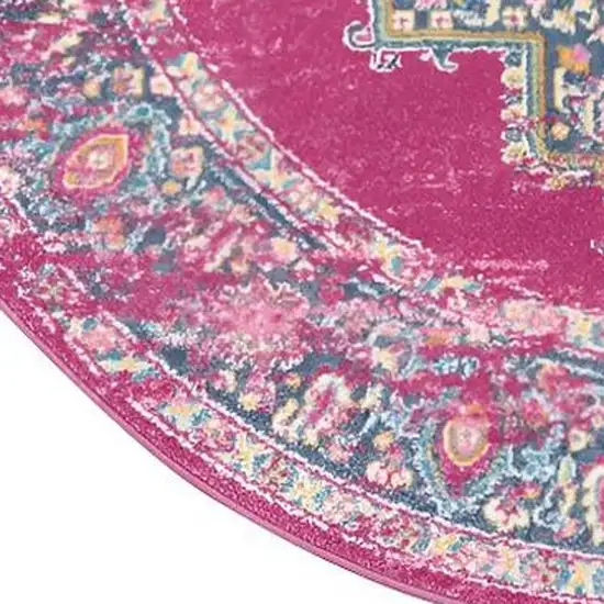 4' Fuchsia And Blue Oriental Distressed Round Rug Photo 3