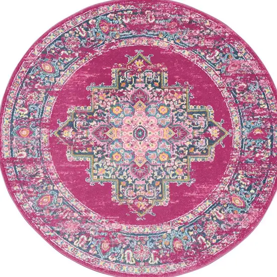 4' Fuchsia And Blue Oriental Distressed Round Rug Photo 1