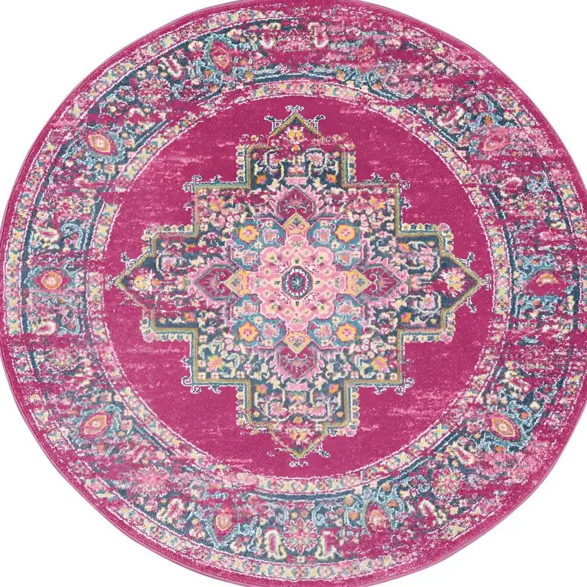 4' Fuchsia And Blue Oriental Distressed Round Rug Photo 1