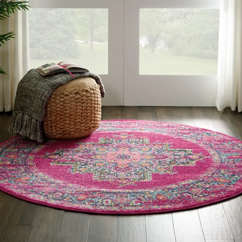 4' Fuchsia And Blue Oriental Distressed Round Rug Photo 4