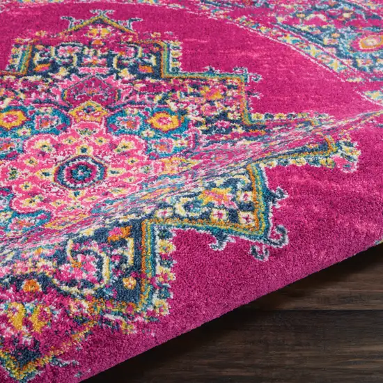 4' Fuchsia And Blue Oriental Distressed Round Rug Photo 8