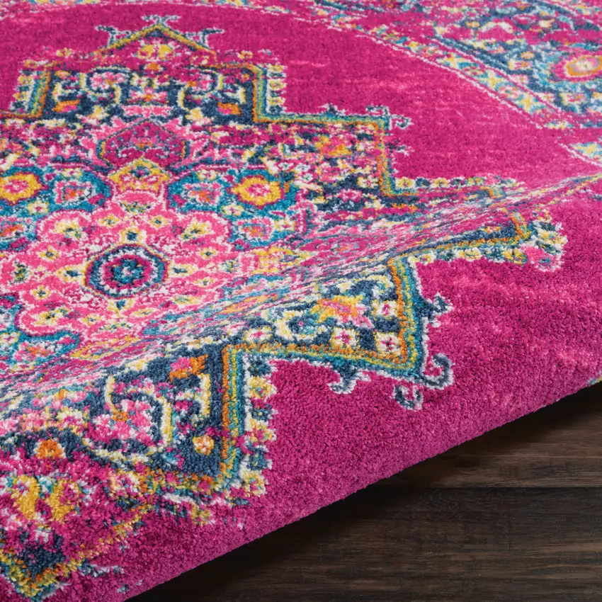 4' Fuchsia And Blue Oriental Distressed Round Rug Photo 8