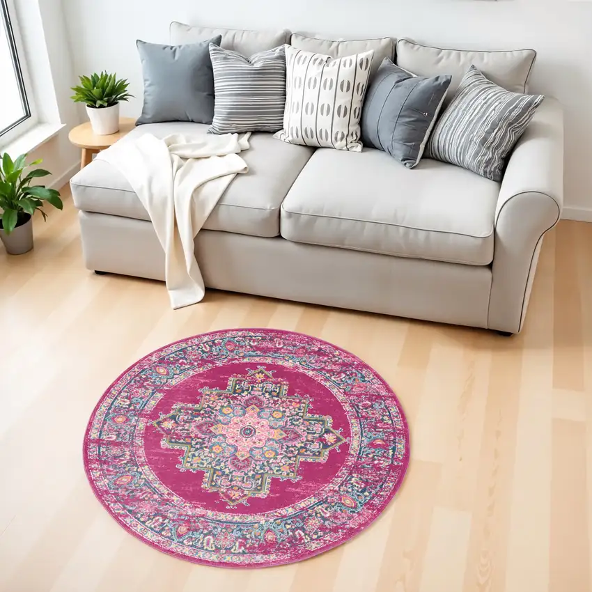 4' Fuchsia And Blue Oriental Distressed Round Rug Photo 2