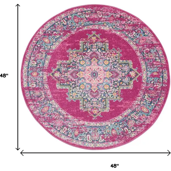 4' Fuchsia And Blue Oriental Distressed Round Rug Photo 5