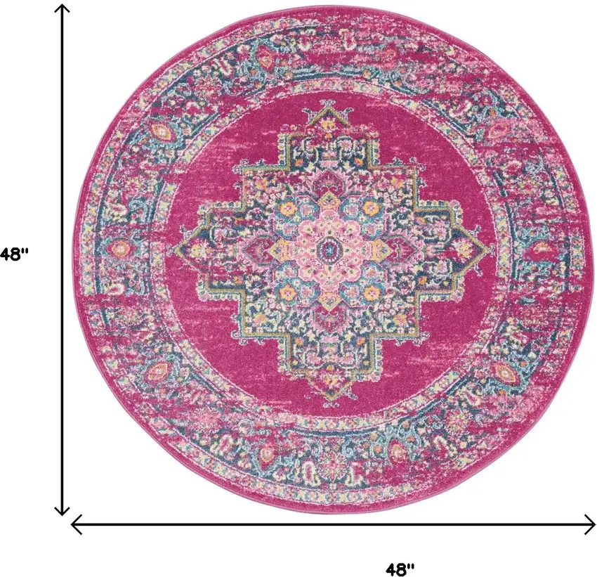 4' Fuchsia And Blue Oriental Distressed Round Rug Photo 5