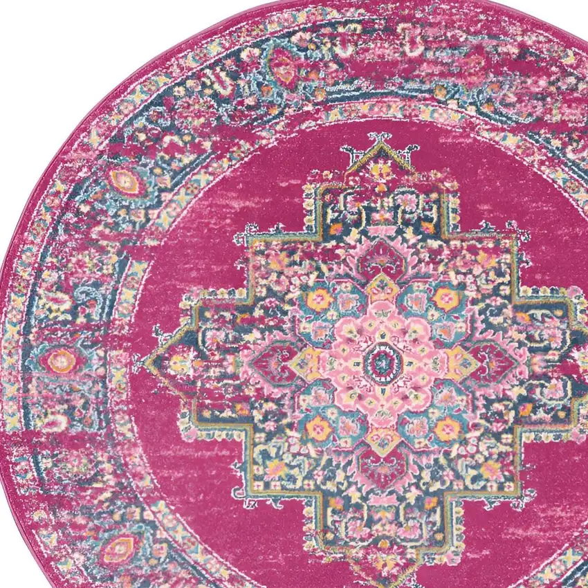 4' Fuchsia And Blue Oriental Distressed Round Rug Photo 7