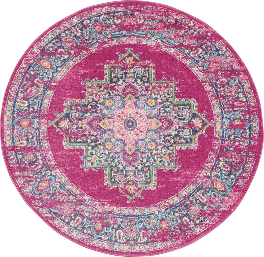 4' Fuchsia And Blue Oriental Distressed Round Rug Photo 2