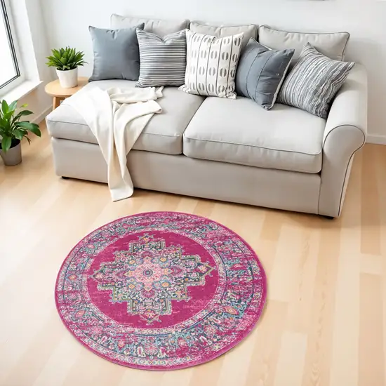 4' Fuchsia And Blue Oriental Distressed Round Rug Photo 1