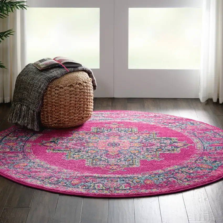 Fuchsia and Blue Distressed Area Rug Photo 5