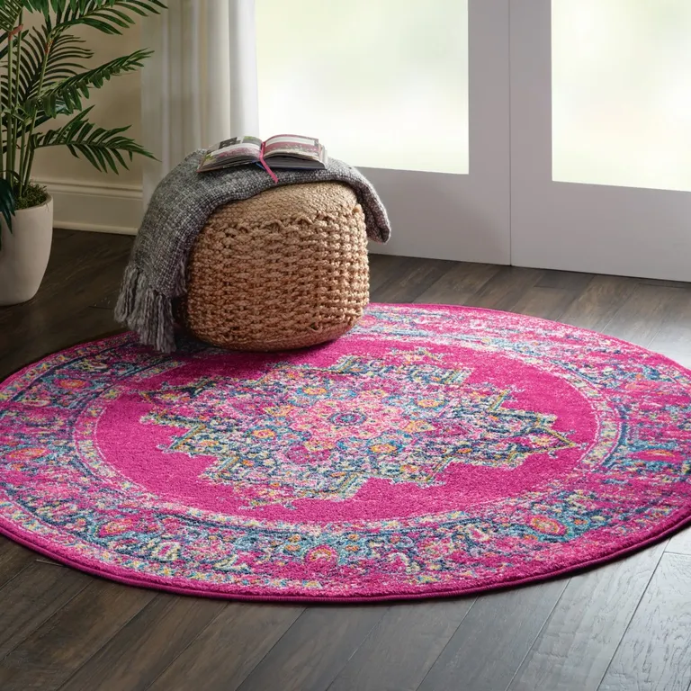 Fuchsia and Blue Distressed Area Rug Photo 2