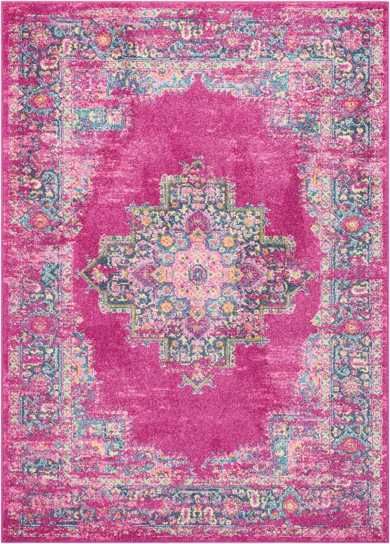Fuchsia and Blue Distressed Area Rug Photo 1