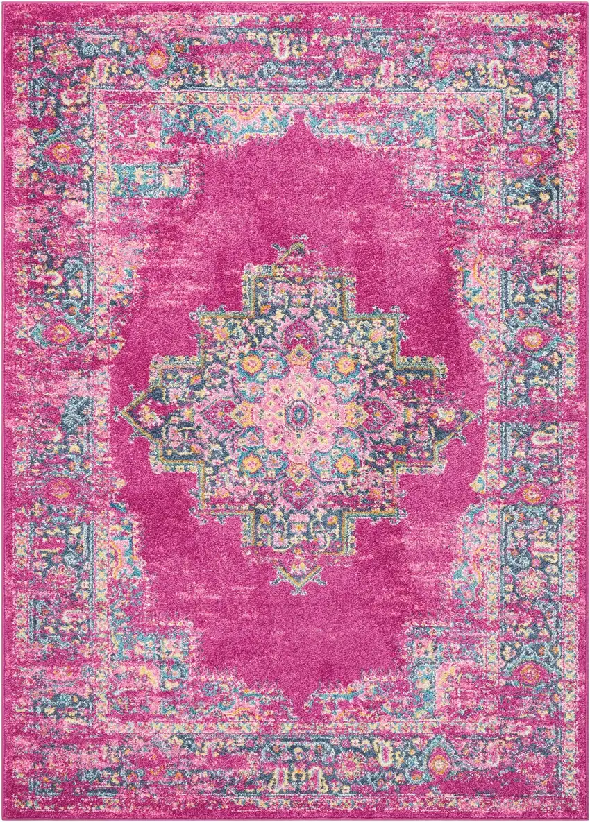 Fuchsia and Blue Distressed Area Rug Photo 1