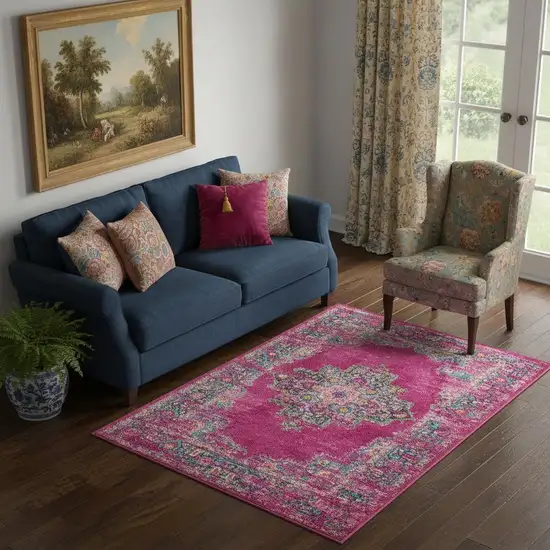 Fuchsia And Blue Oriental Distressed Area Rug Photo 1