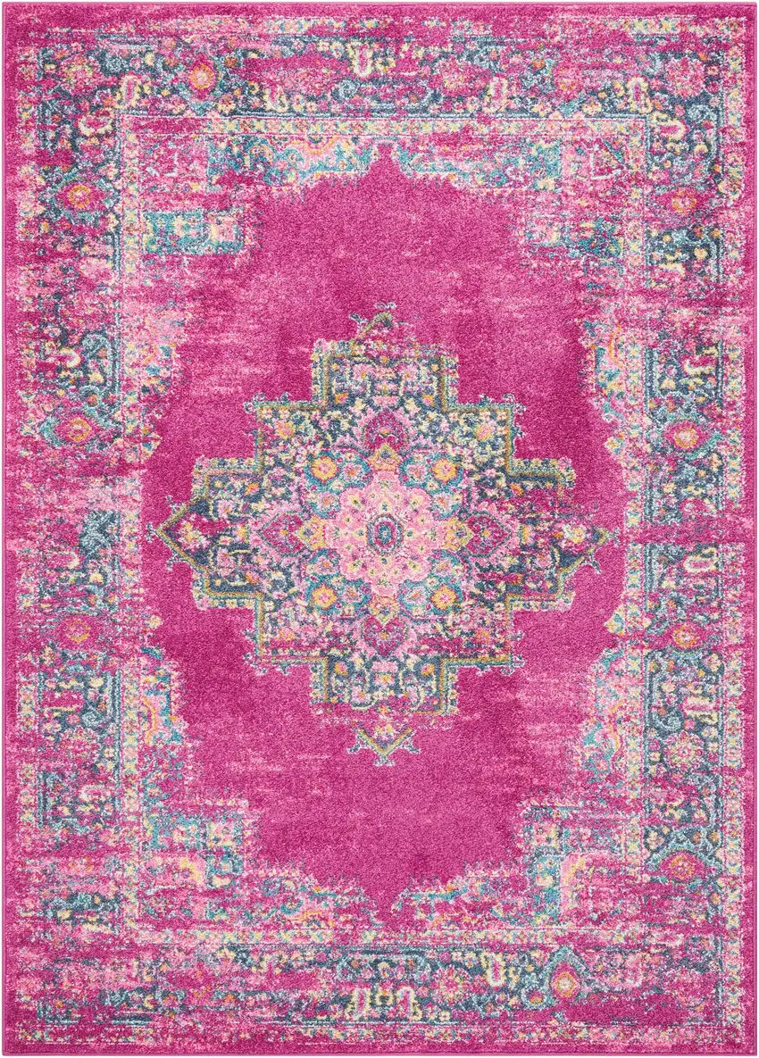Fuchsia And Blue Oriental Distressed Area Rug Photo 9