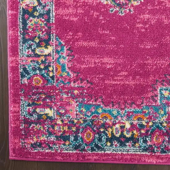 Fuchsia And Blue Oriental Distressed Area Rug Photo 9
