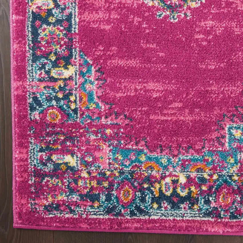 Fuchsia And Blue Oriental Distressed Area Rug Photo 9