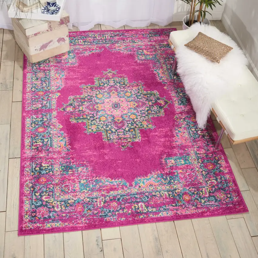 Fuchsia And Blue Oriental Distressed Area Rug Photo 3