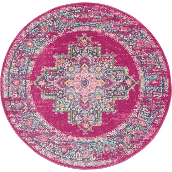 5' Fuchsia And Blue Oriental Distressed Round Rug Photo 4