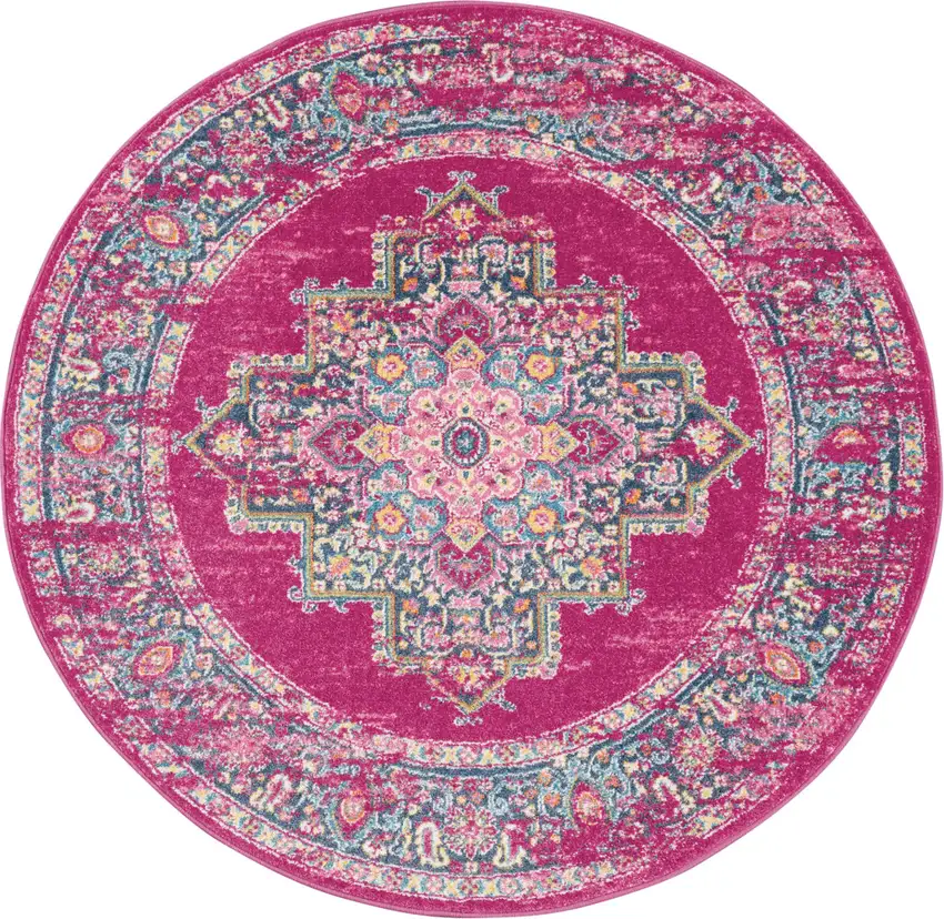 5' Fuchsia And Blue Oriental Distressed Round Rug Photo 4