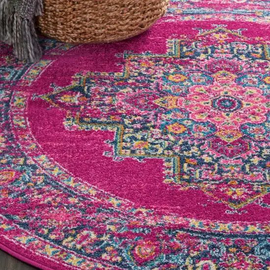 5' Fuchsia And Blue Oriental Distressed Round Rug Photo 9