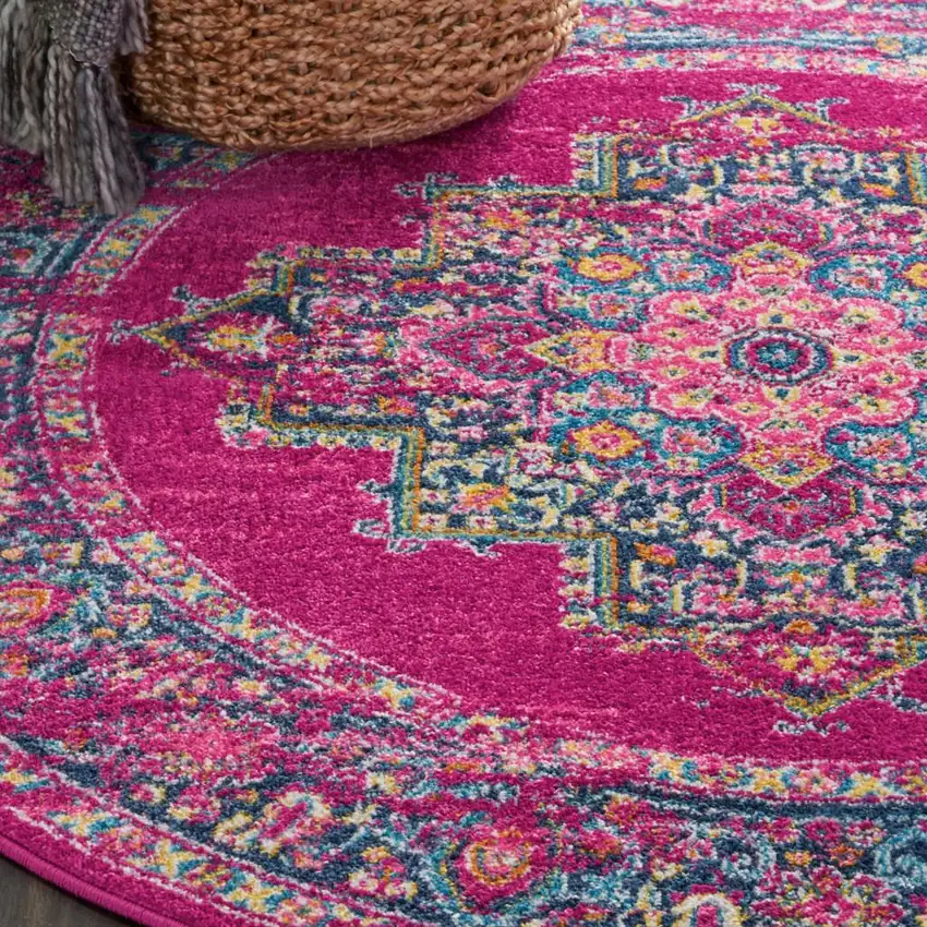 5' Fuchsia And Blue Oriental Distressed Round Rug Photo 9