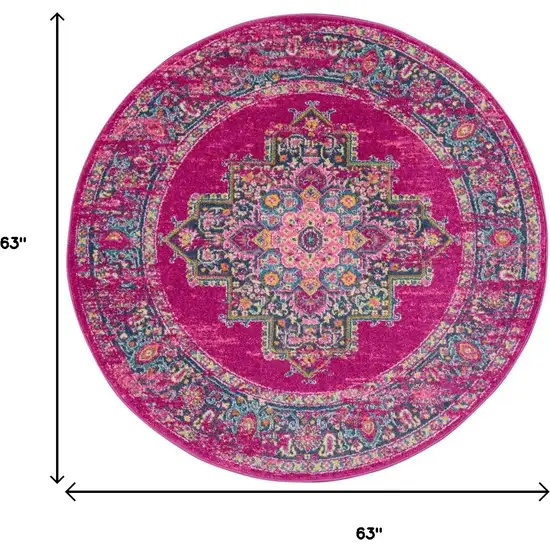 5' Fuchsia And Blue Oriental Distressed Round Rug Photo 6