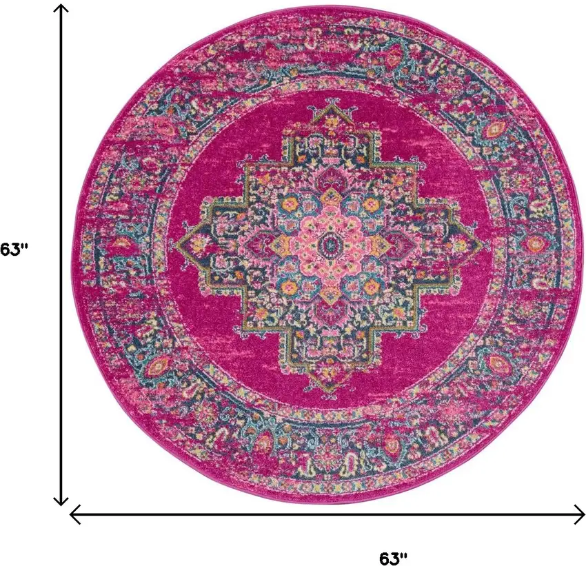 5' Fuchsia And Blue Oriental Distressed Round Rug Photo 6