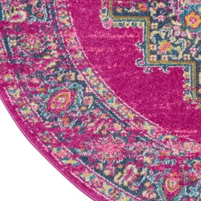 5' Fuchsia And Blue Oriental Distressed Round Rug Photo 3